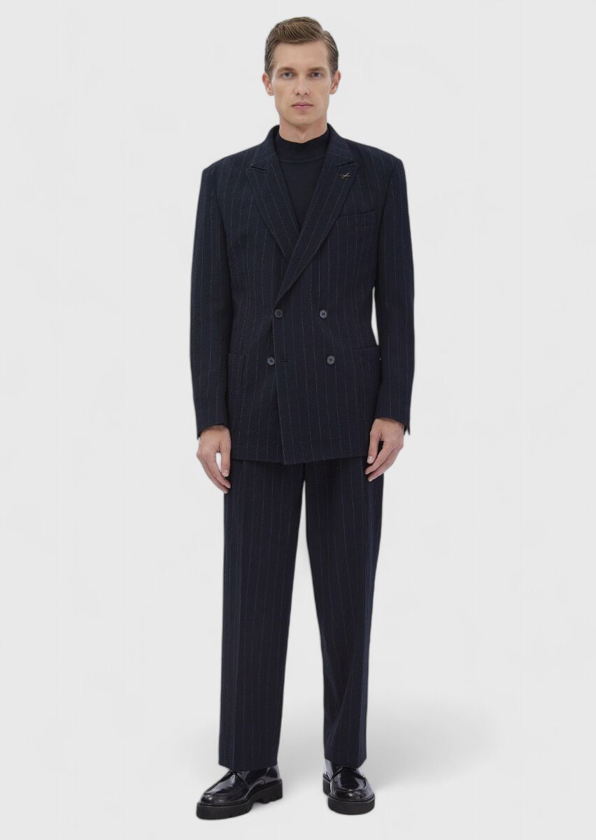 Navy Blue Striped Oversize Fit Cotton Blended Suit - 3