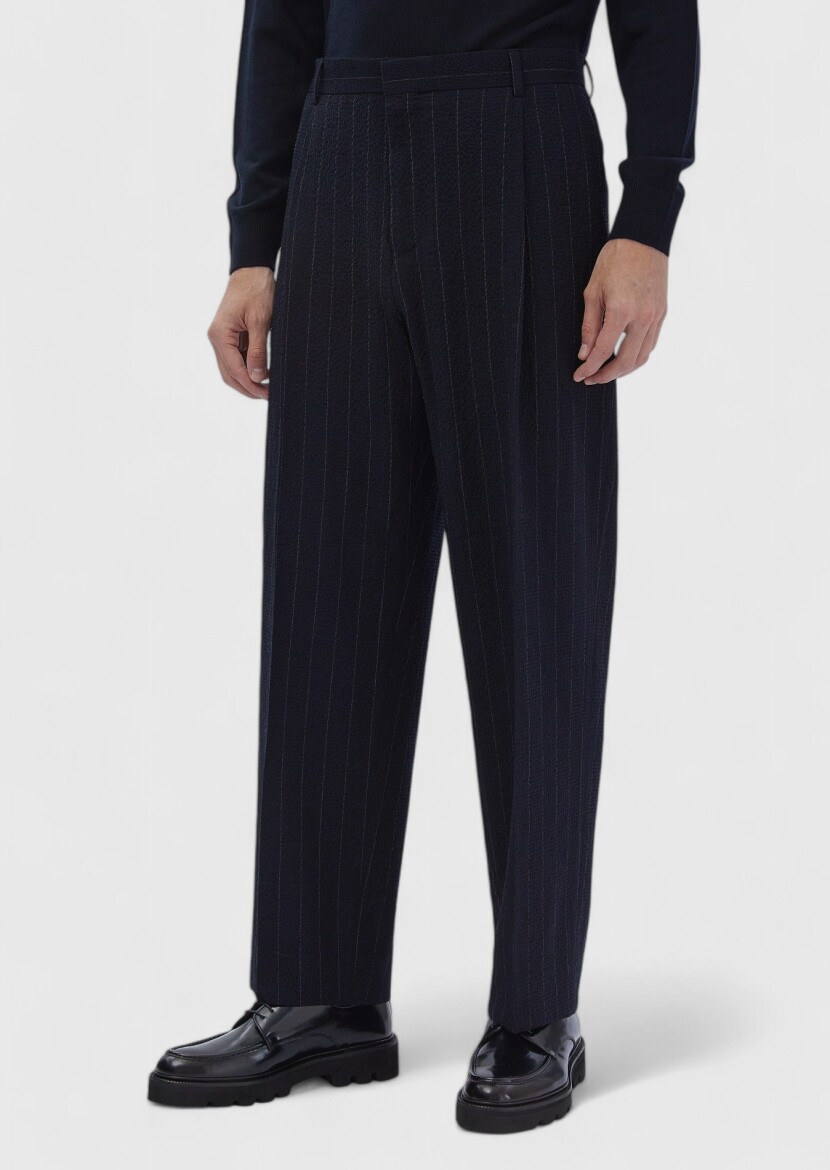 Navy Blue Striped Oversize Fit Cotton Blended Suit - 7