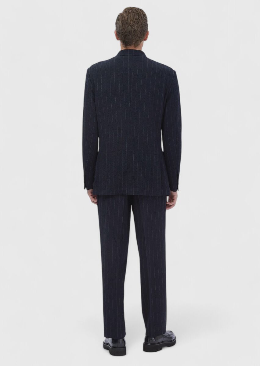 Navy Blue Striped Oversize Fit Cotton Blended Suit - 9