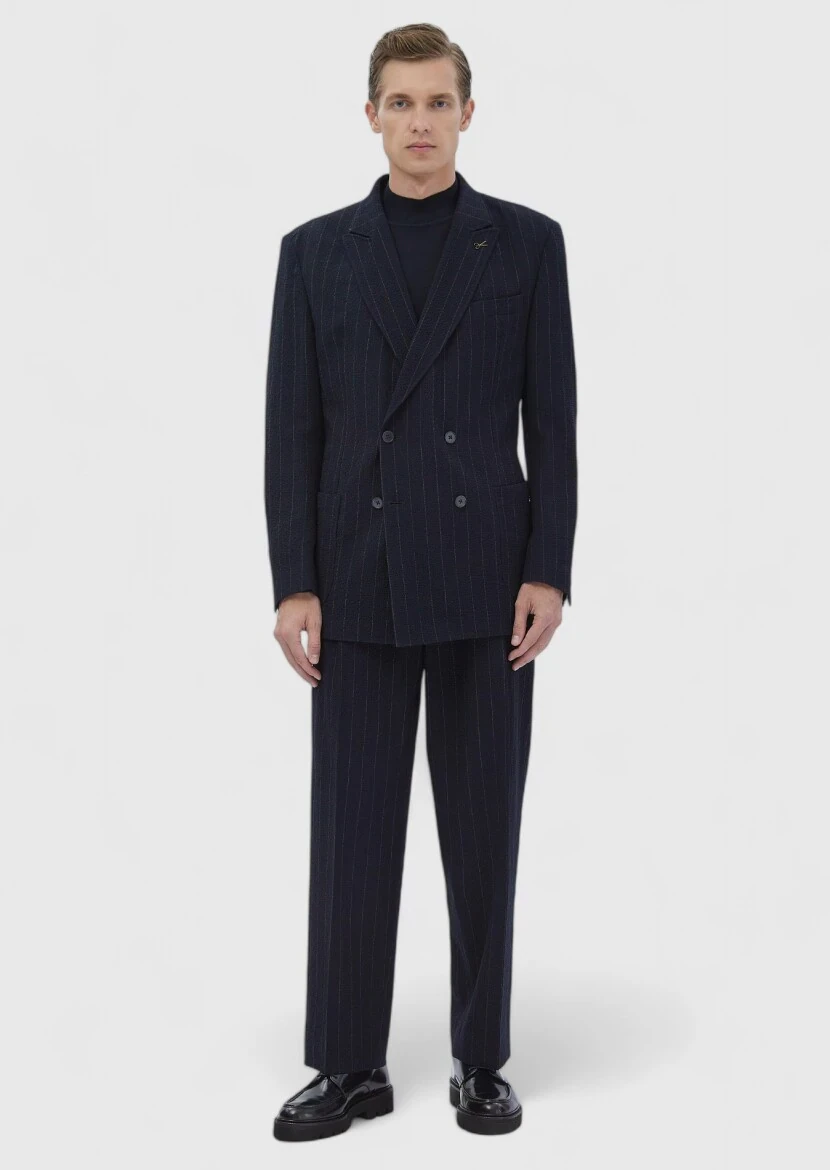 Navy Blue Striped Oversize Fit Cotton Blended Suit - 3