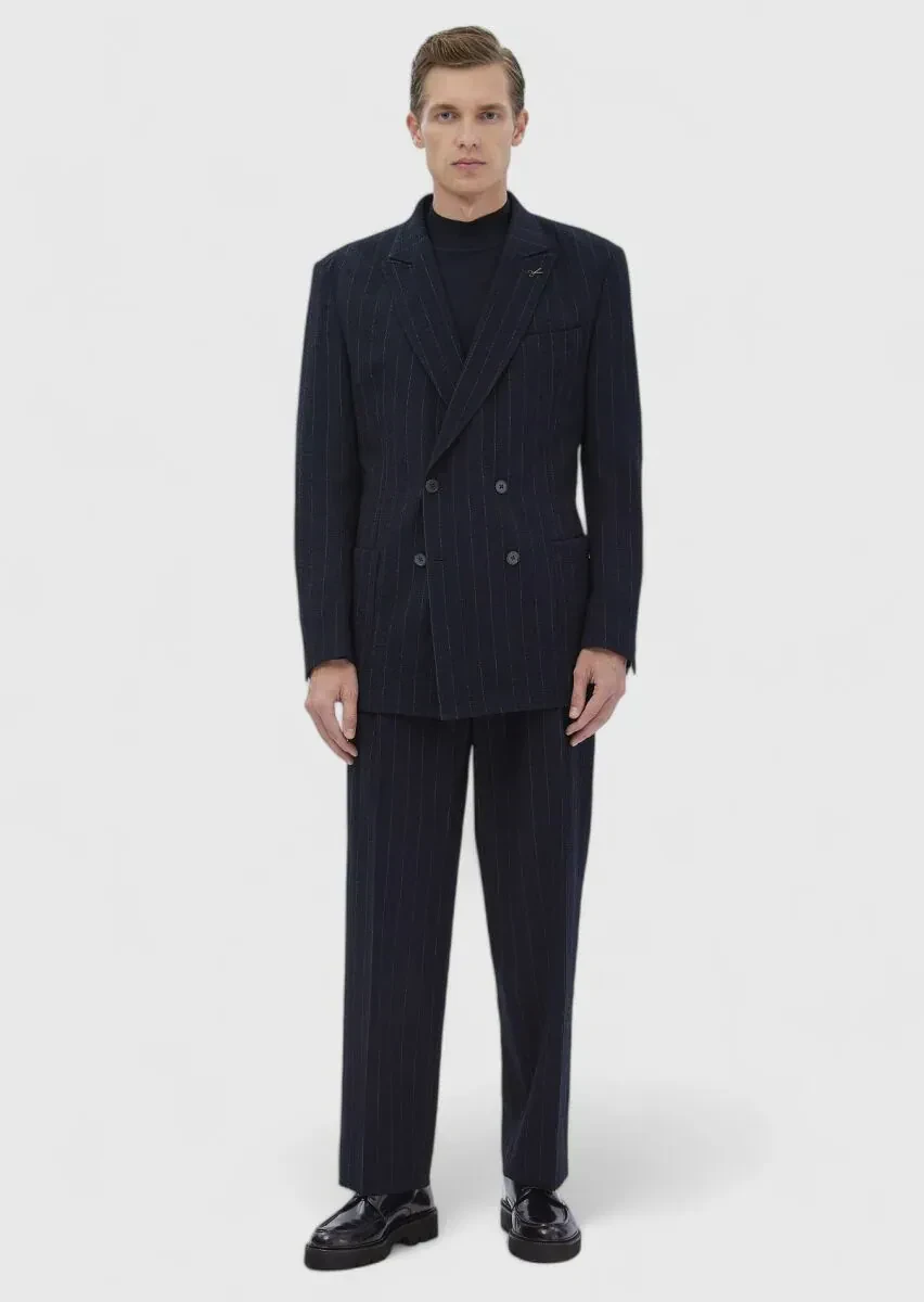 Navy Blue Striped Oversize Fit Cotton Blended Suit - 3
