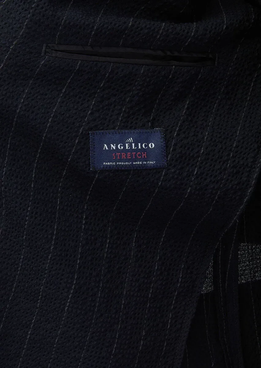 Navy Blue Striped Oversize Fit Cotton Blended Suit - 8