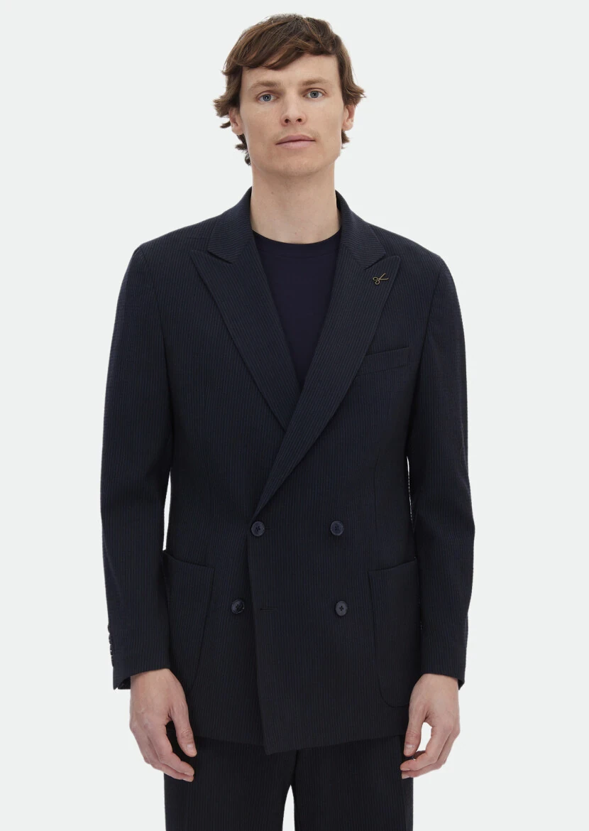 Navy Blue Striped Oversize Fit Wool Blended Suit - 1