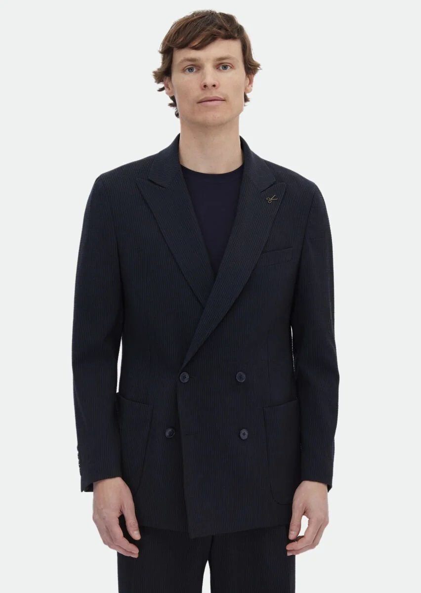 Navy Blue Striped Oversize Fit Wool Blended Suit - 1