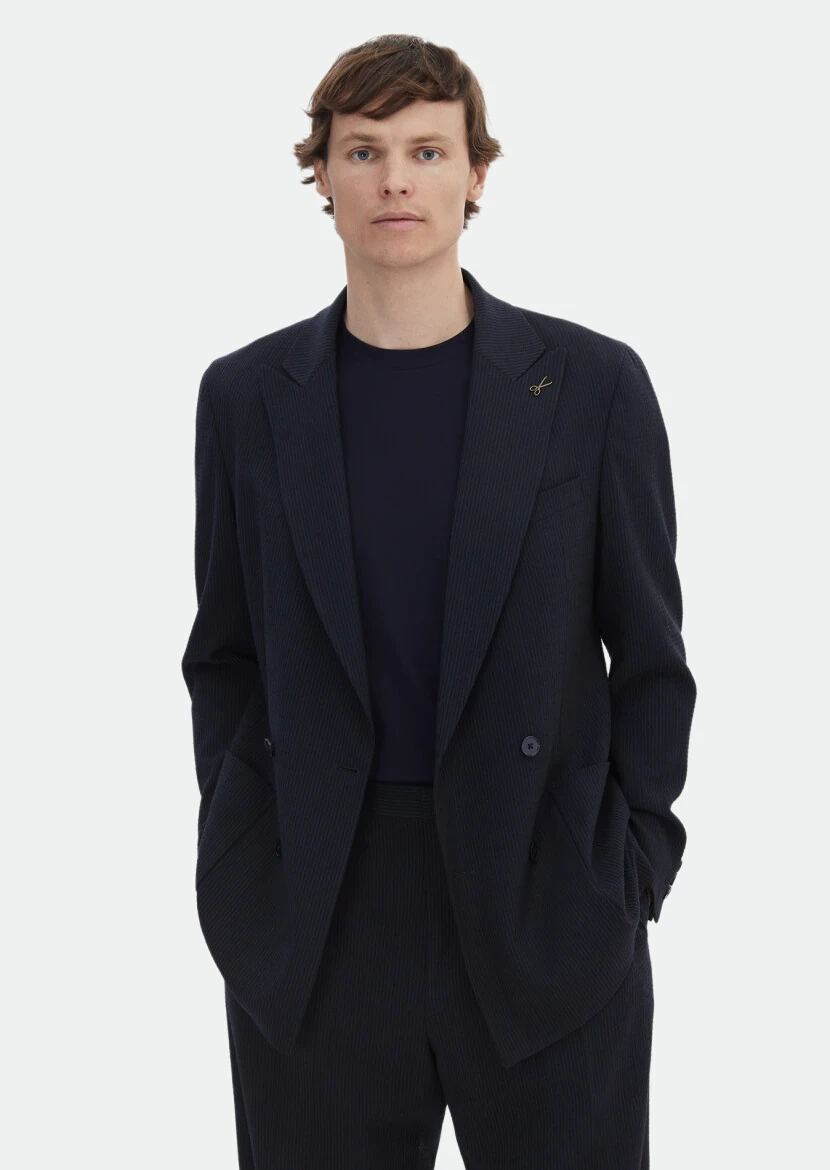 Navy Blue Striped Oversize Fit Wool Blended Suit - 2