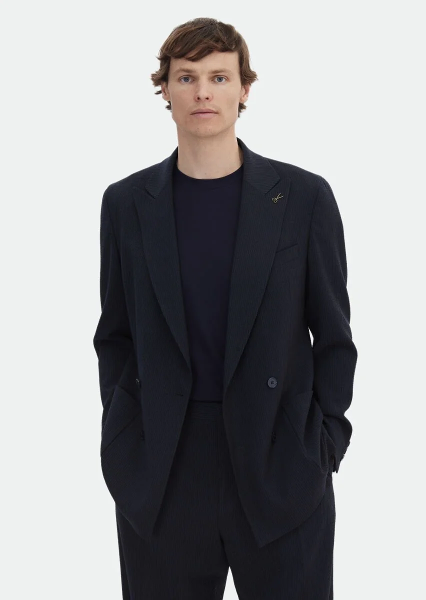 Navy Blue Striped Oversize Fit Wool Blended Suit - 2