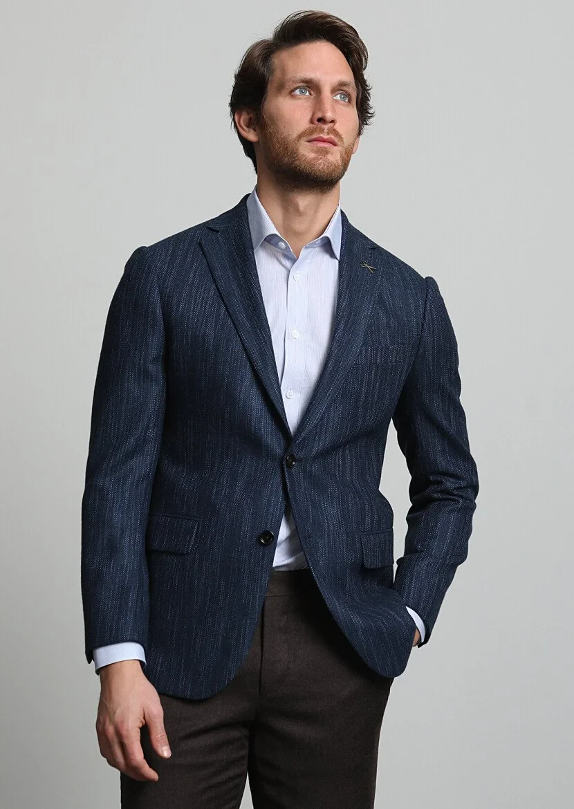 Navy Blue Striped Regular Fit 100% Cashmire Jacket - 1