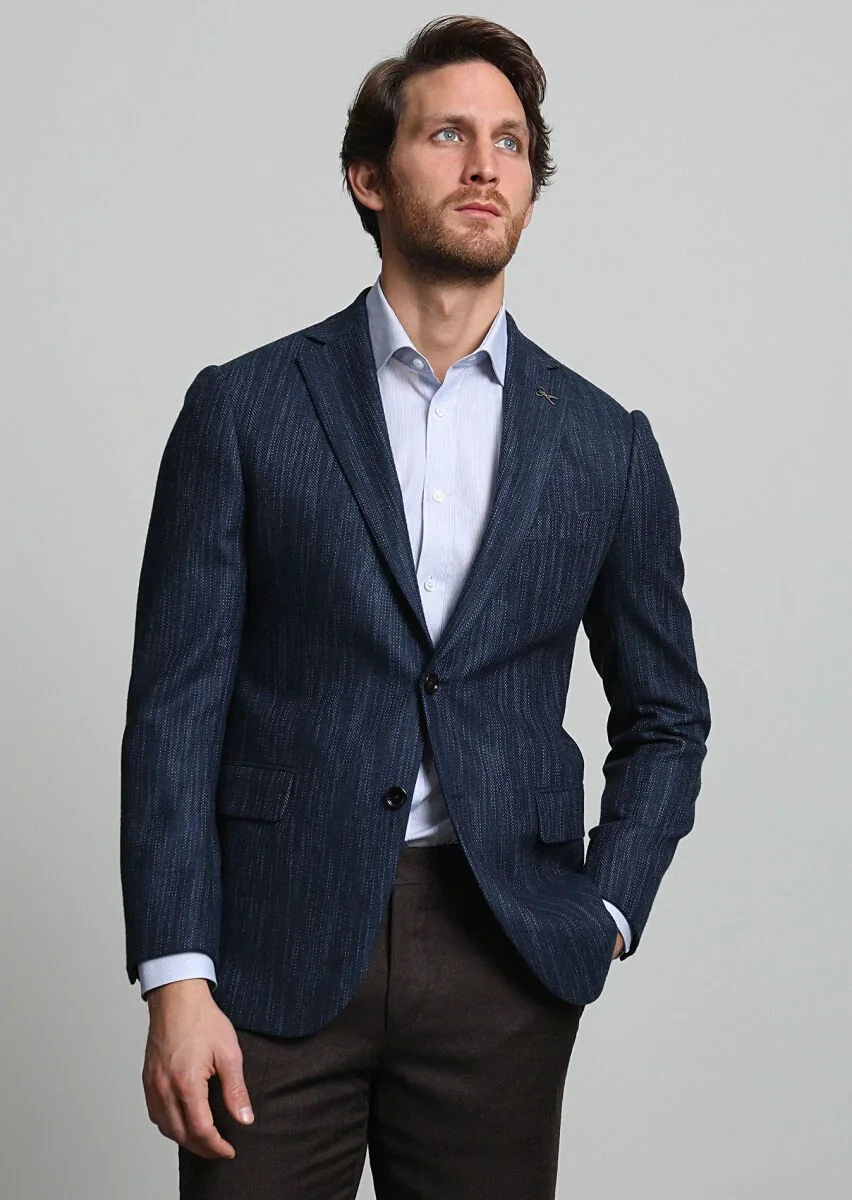 Navy Blue Striped Regular Fit 100% Cashmire Jacket - 1
