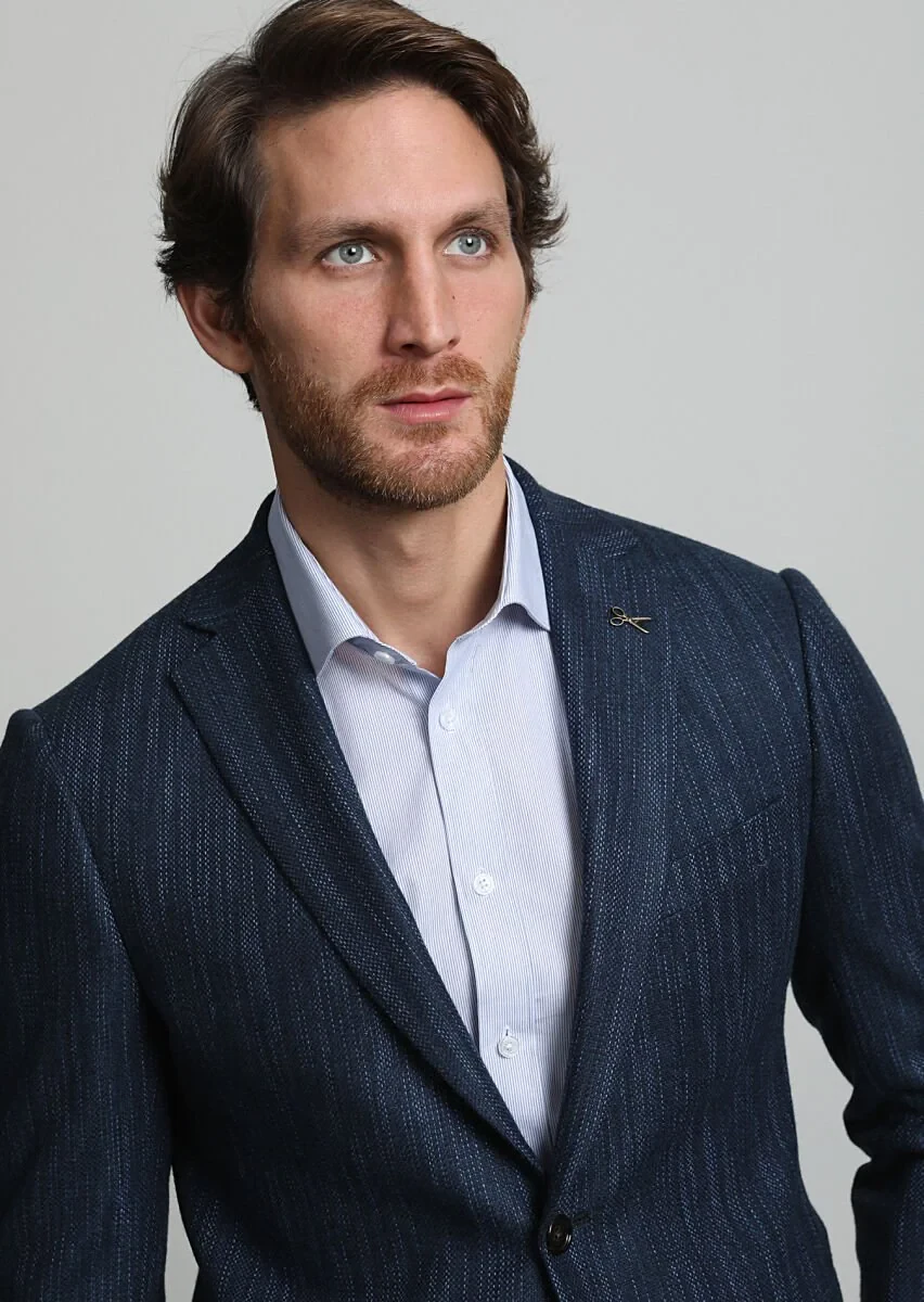 Navy Blue Striped Regular Fit 100% Cashmire Jacket - 2