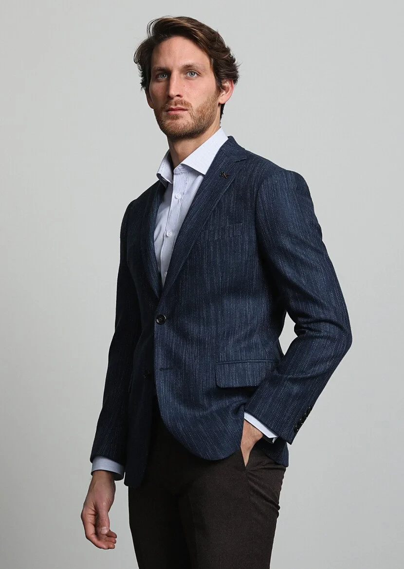 Navy Blue Striped Regular Fit 100% Cashmire Jacket - 3