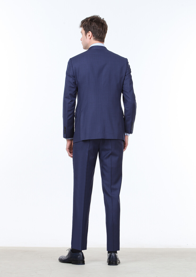Navy Blue Striped Regular Fit 100% Wool Suit - 4