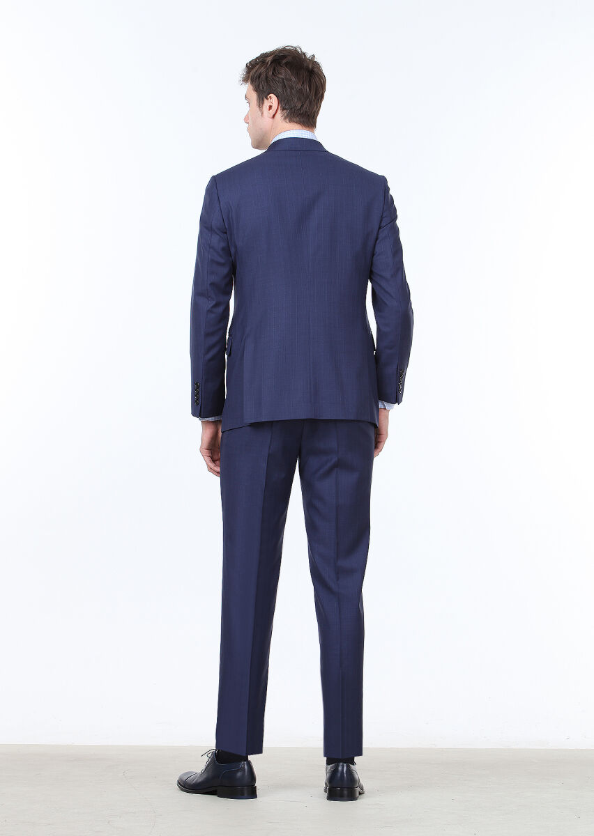 Navy Blue Striped Regular Fit 100% Wool Suit - 4