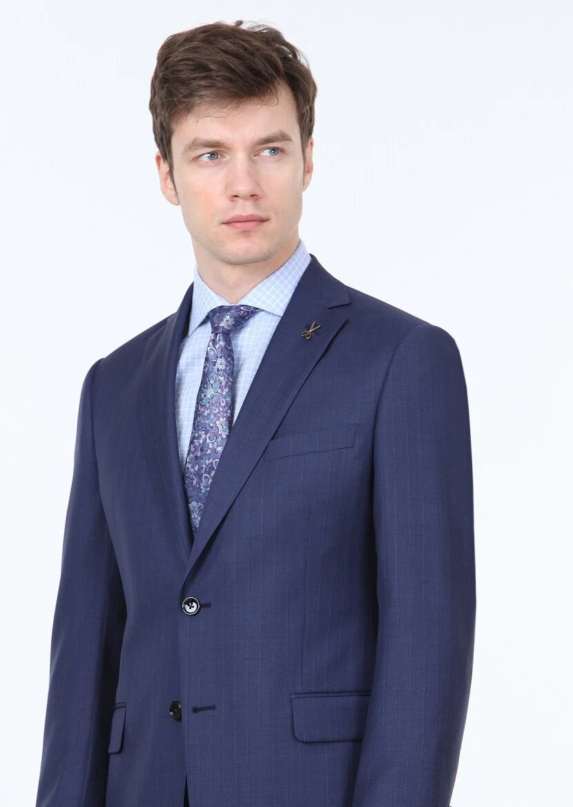 Navy Blue Striped Regular Fit 100% Wool Suit - 1
