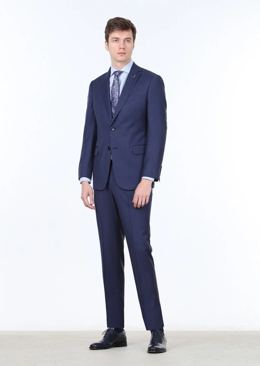 Navy Blue Striped Regular Fit 100% Wool Suit - 2