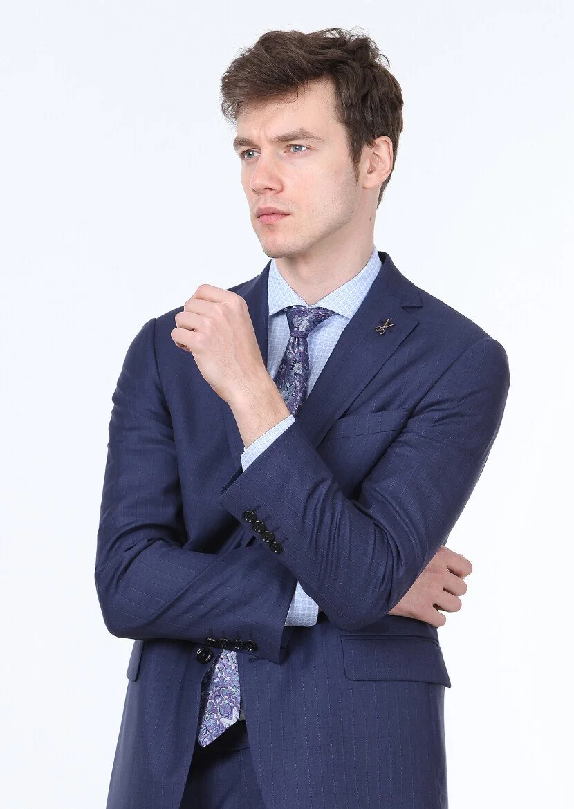 Navy Blue Striped Regular Fit 100% Wool Suit - 3