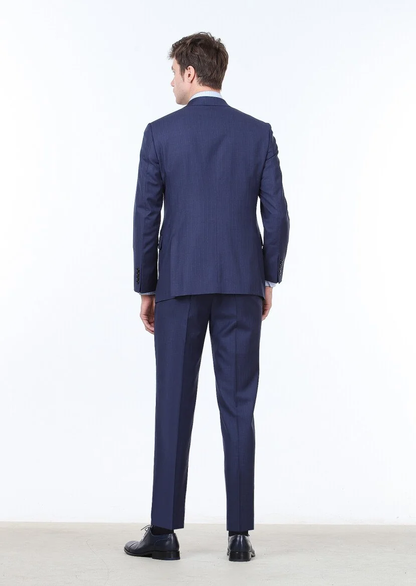 Navy Blue Striped Regular Fit 100% Wool Suit - 4