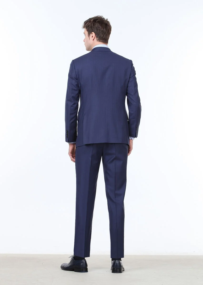 Navy Blue Striped Regular Fit 100% Wool Suit - 4