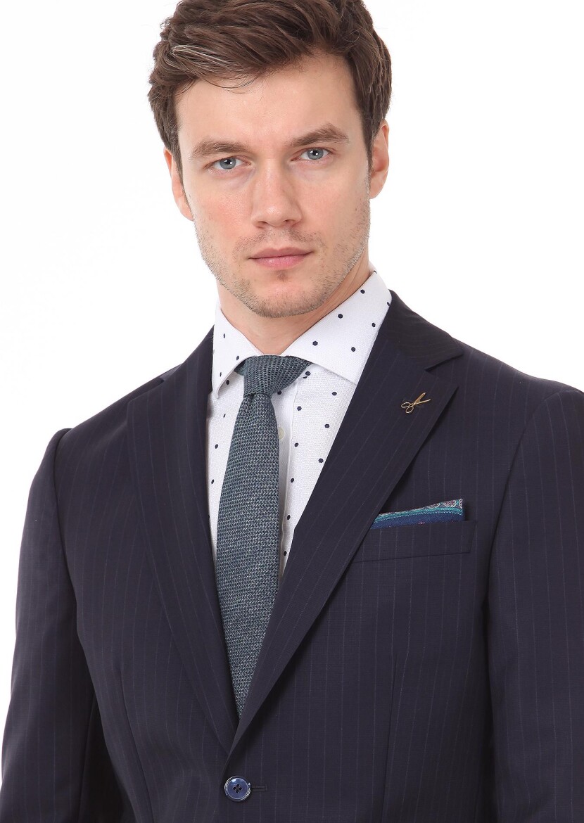 Navy Blue Striped Regular Fit 100% Wool Suit - 3