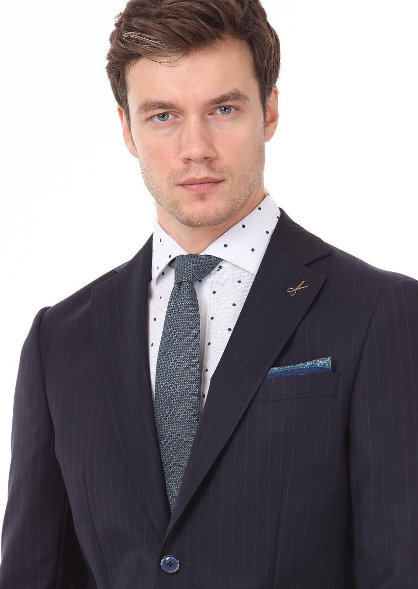 Navy Blue Striped Regular Fit 100% Wool Suit - 3