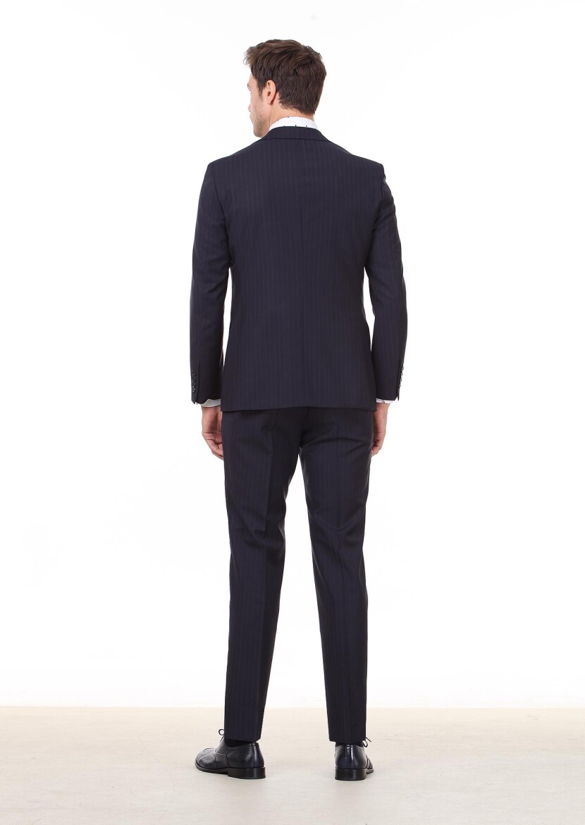 Navy Blue Striped Regular Fit 100% Wool Suit - 4