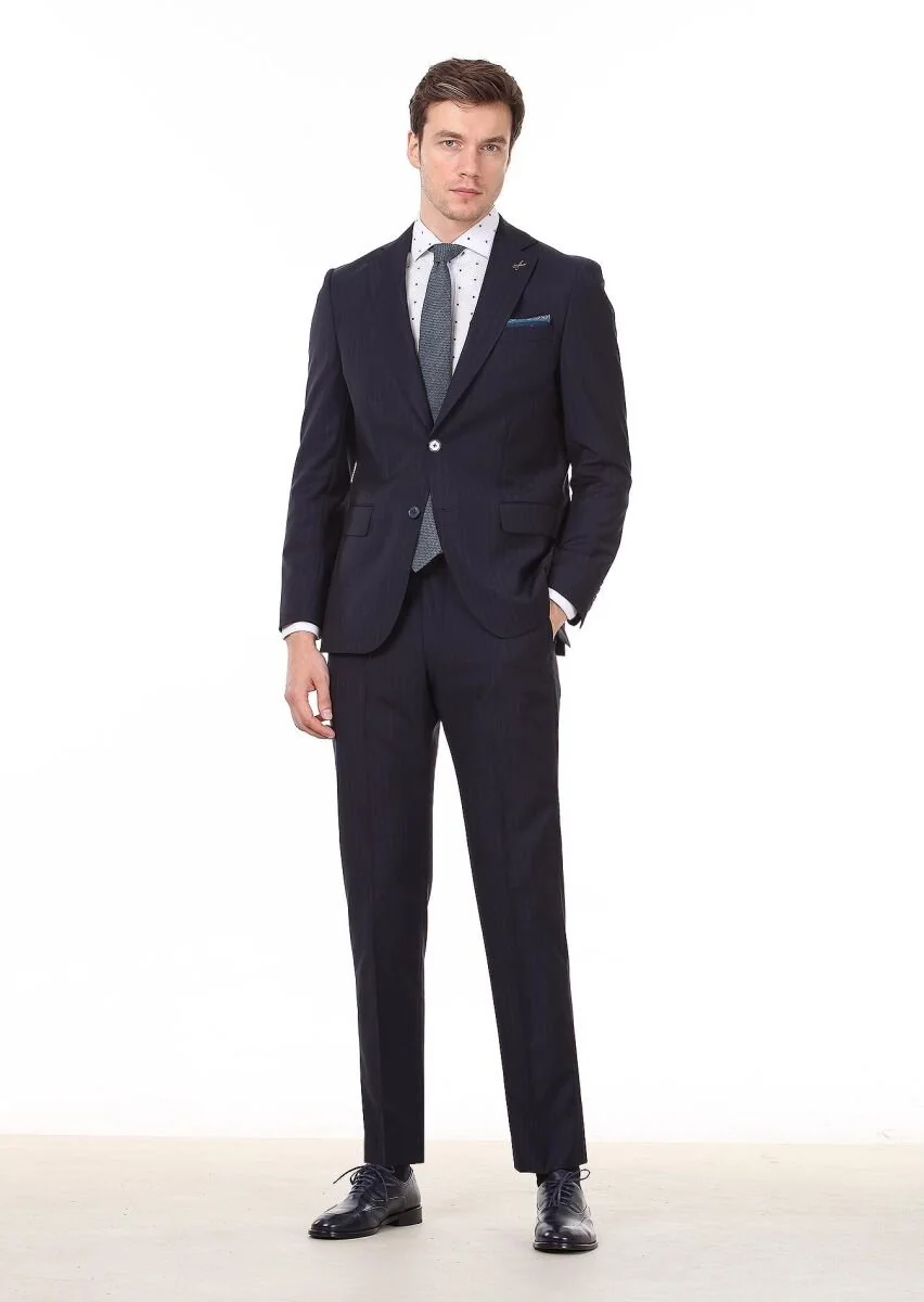 Navy Blue Striped Regular Fit 100% Wool Suit - 1