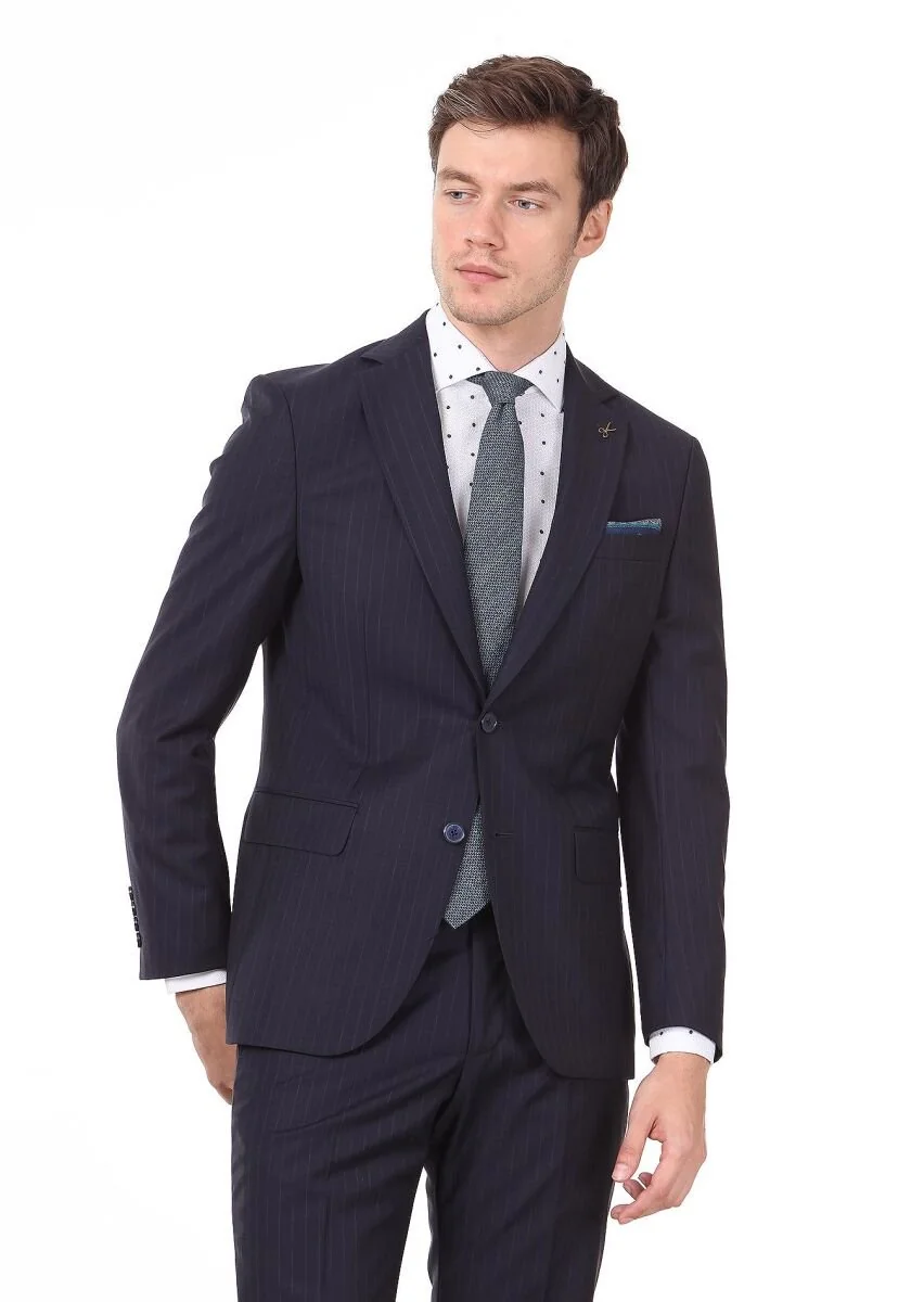 Navy Blue Striped Regular Fit 100% Wool Suit - 2