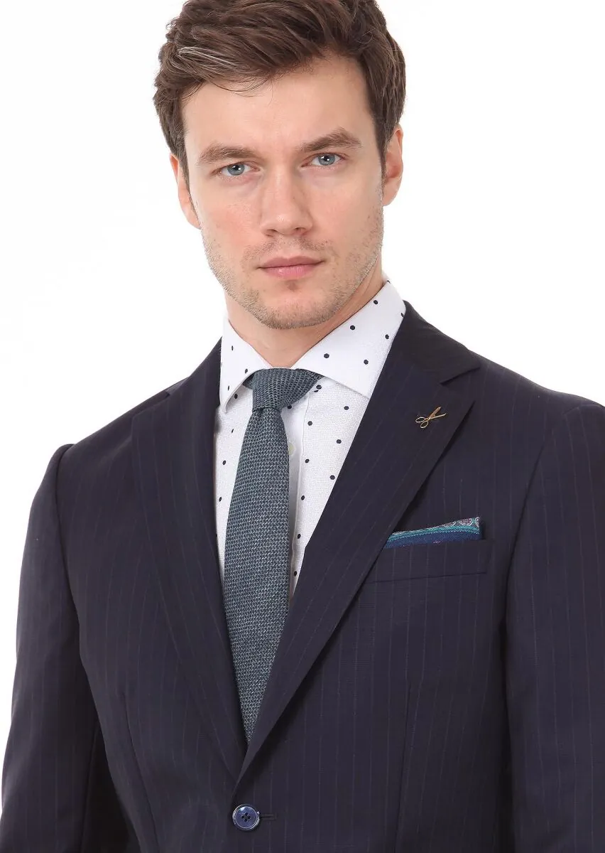 Navy Blue Striped Regular Fit 100% Wool Suit - 3