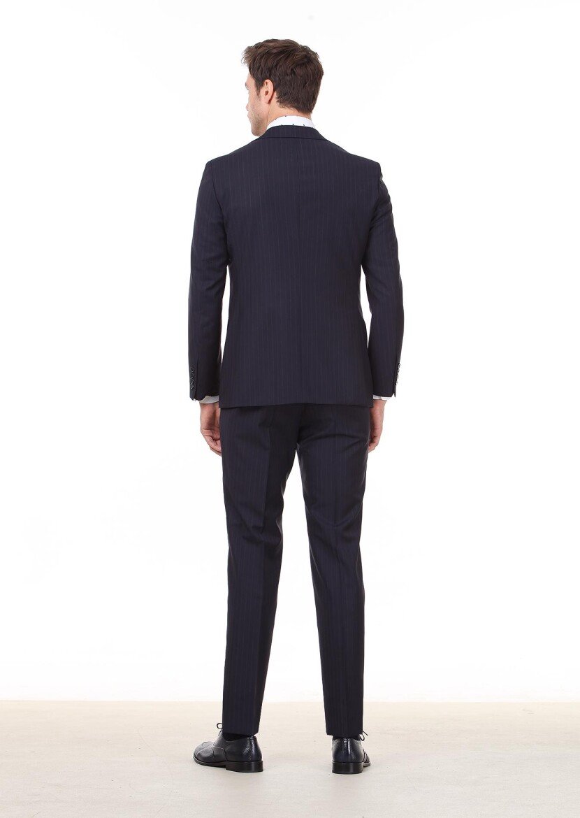 Navy Blue Striped Regular Fit 100% Wool Suit - 4