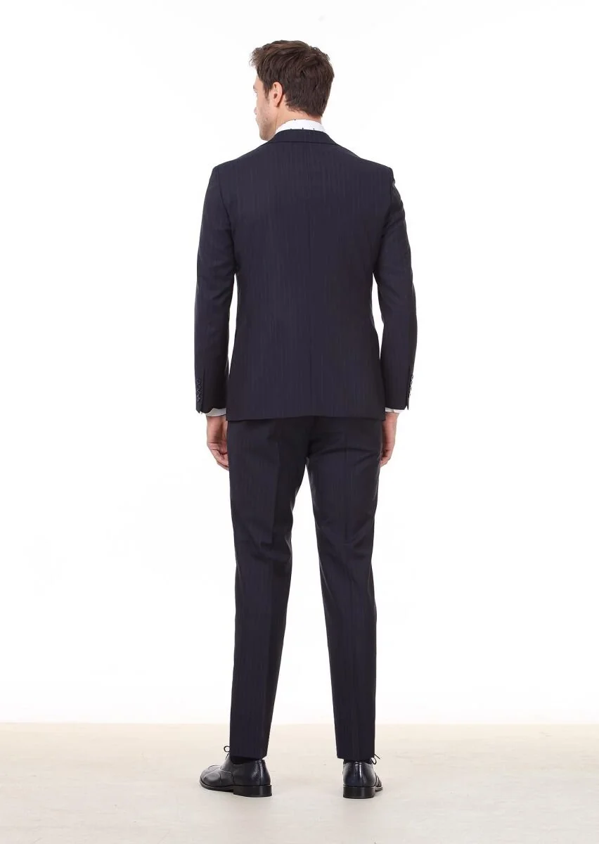 Navy Blue Striped Regular Fit 100% Wool Suit - 4