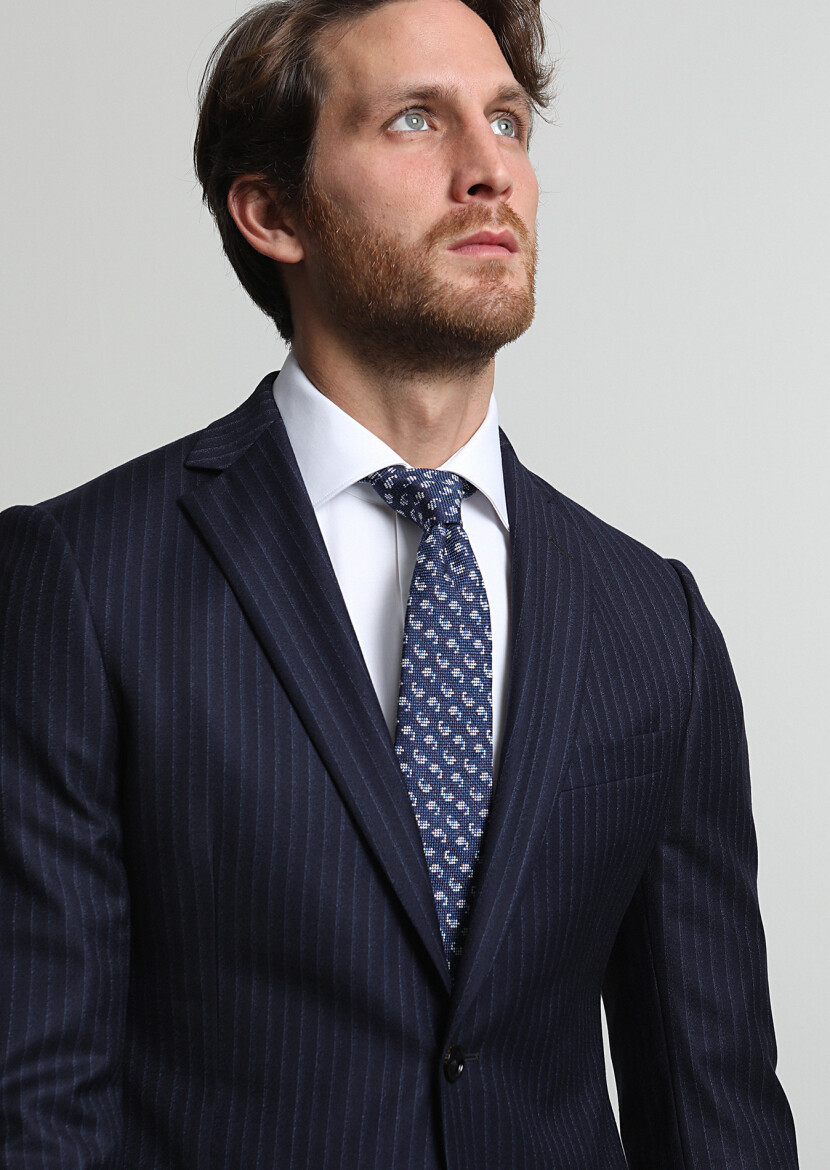 Navy Blue Striped Regular Fit 100% Wool Suit - 3