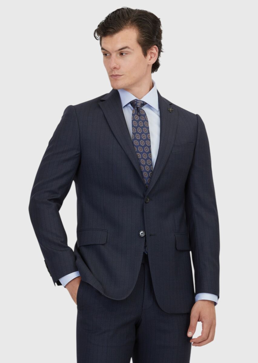 Navy Blue Striped Regular Fit 100% Wool Suit - 1