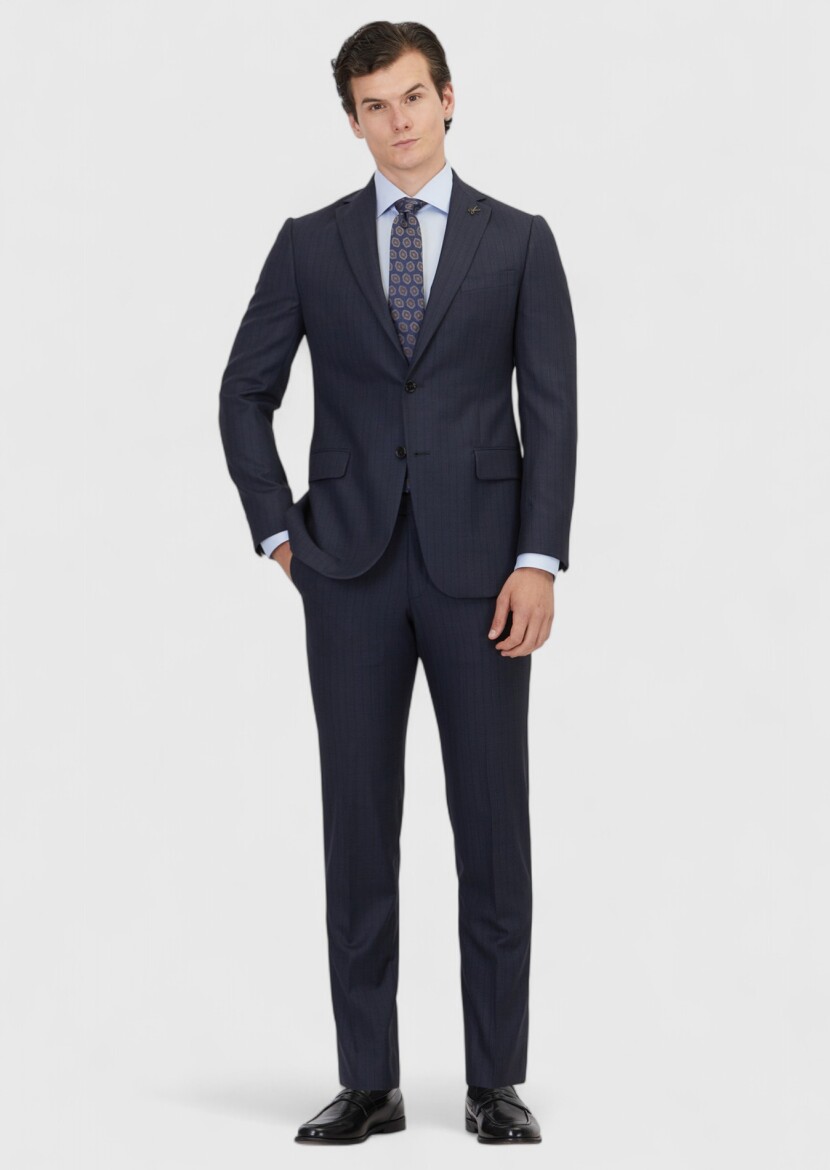 Navy Blue Striped Regular Fit 100% Wool Suit 