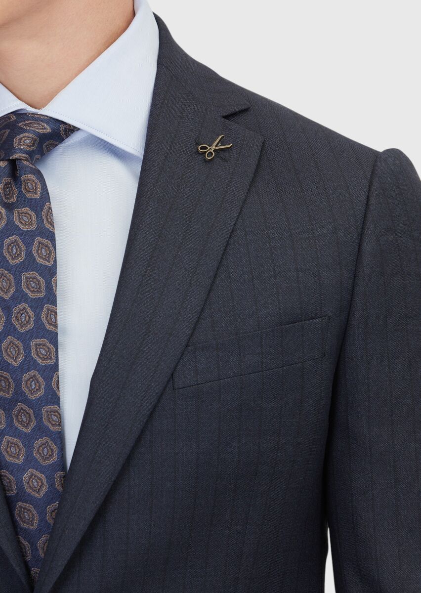 Navy Blue Striped Regular Fit 100% Wool Suit - 4