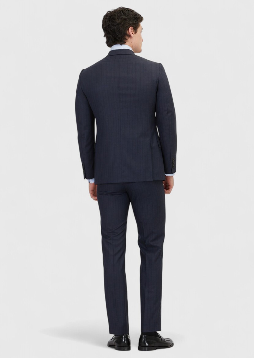 Navy Blue Striped Regular Fit 100% Wool Suit - 6
