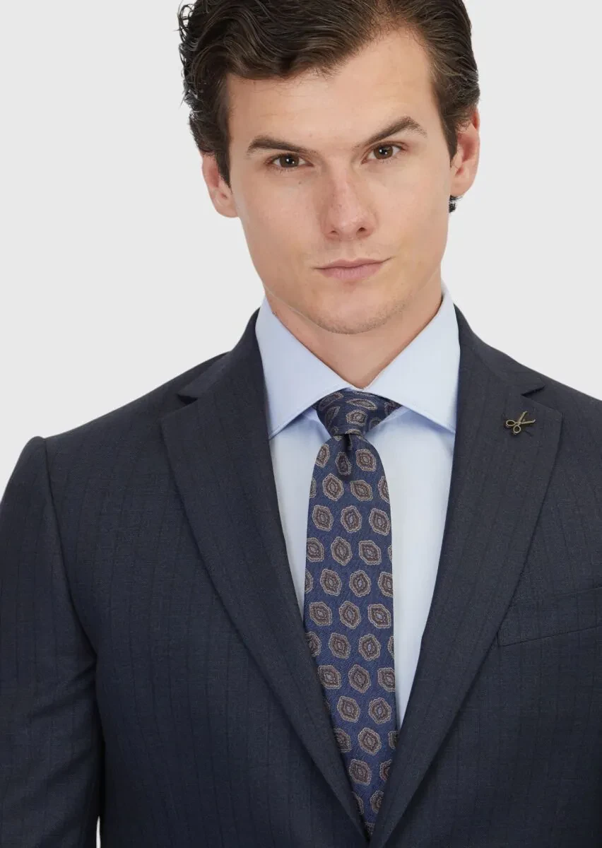 Navy Blue Striped Regular Fit 100% Wool Suit - 3