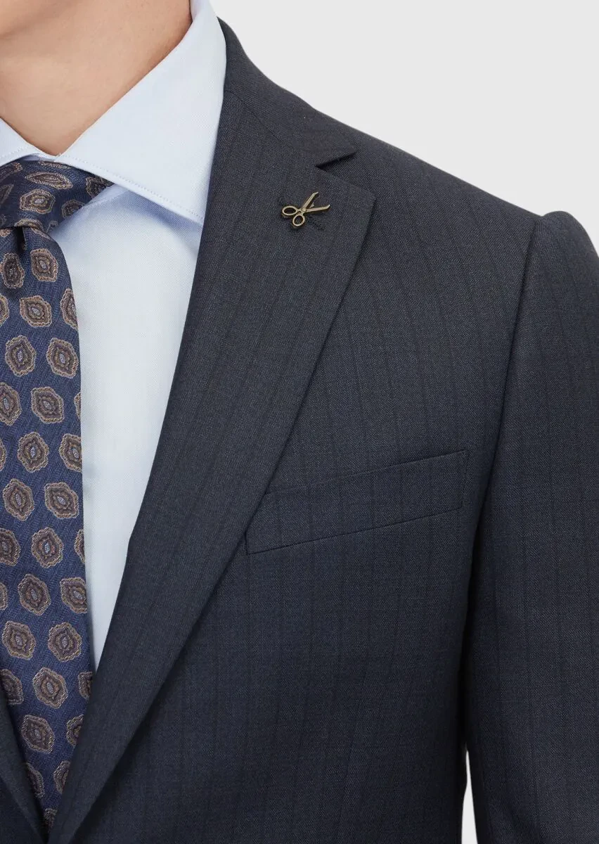 Navy Blue Striped Regular Fit 100% Wool Suit - 4