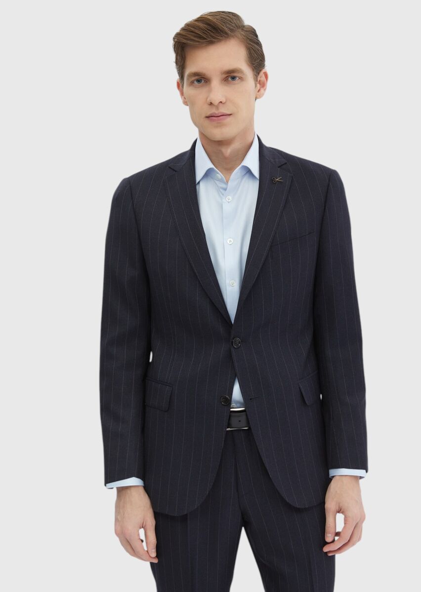 Navy Blue Striped Regular Fit 100% Wool Suit - 1