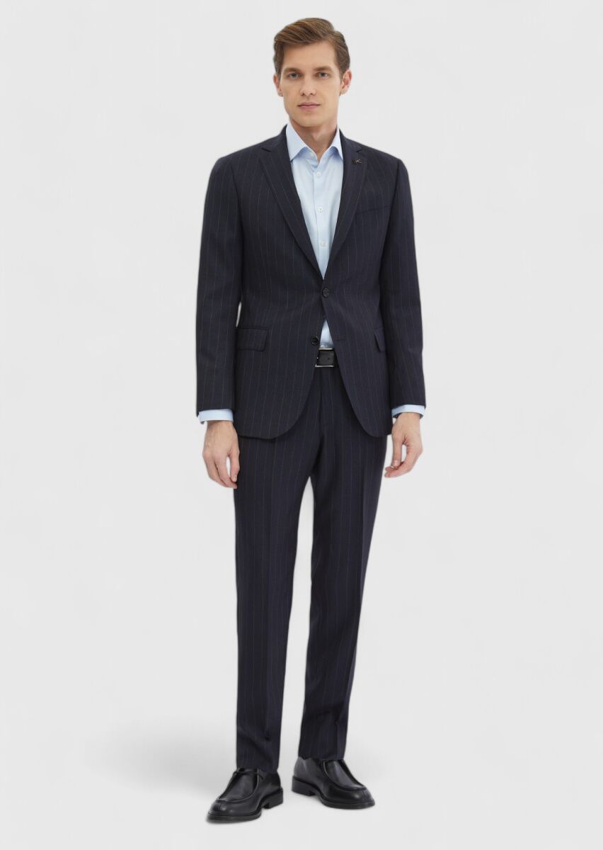 Navy Blue Striped Regular Fit 100% Wool Suit - 2