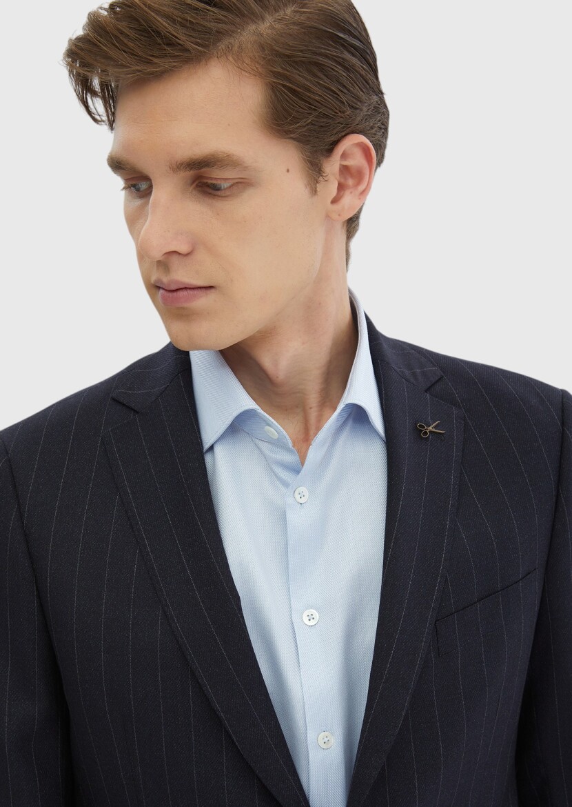 Navy Blue Striped Regular Fit 100% Wool Suit - 3