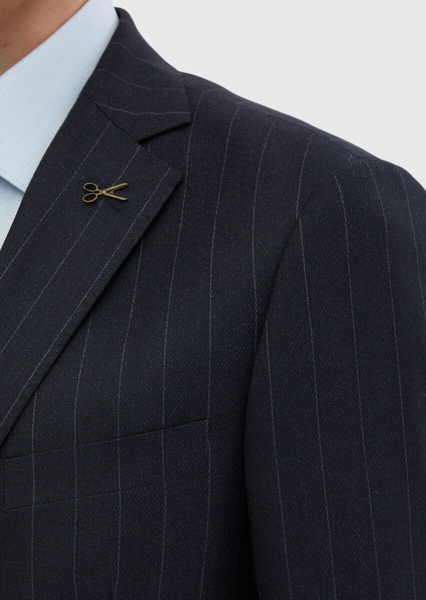 Navy Blue Striped Regular Fit 100% Wool Suit - 4