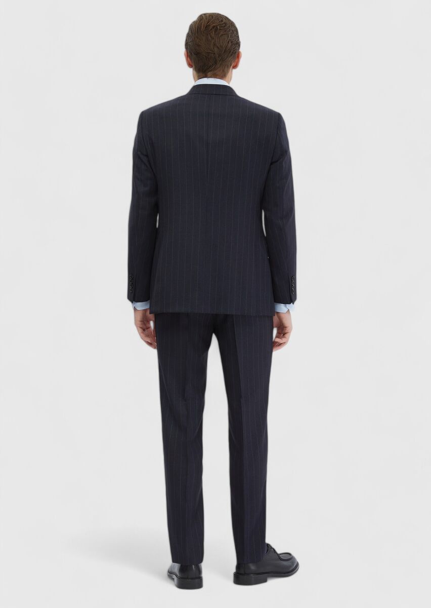 Navy Blue Striped Regular Fit 100% Wool Suit - 6