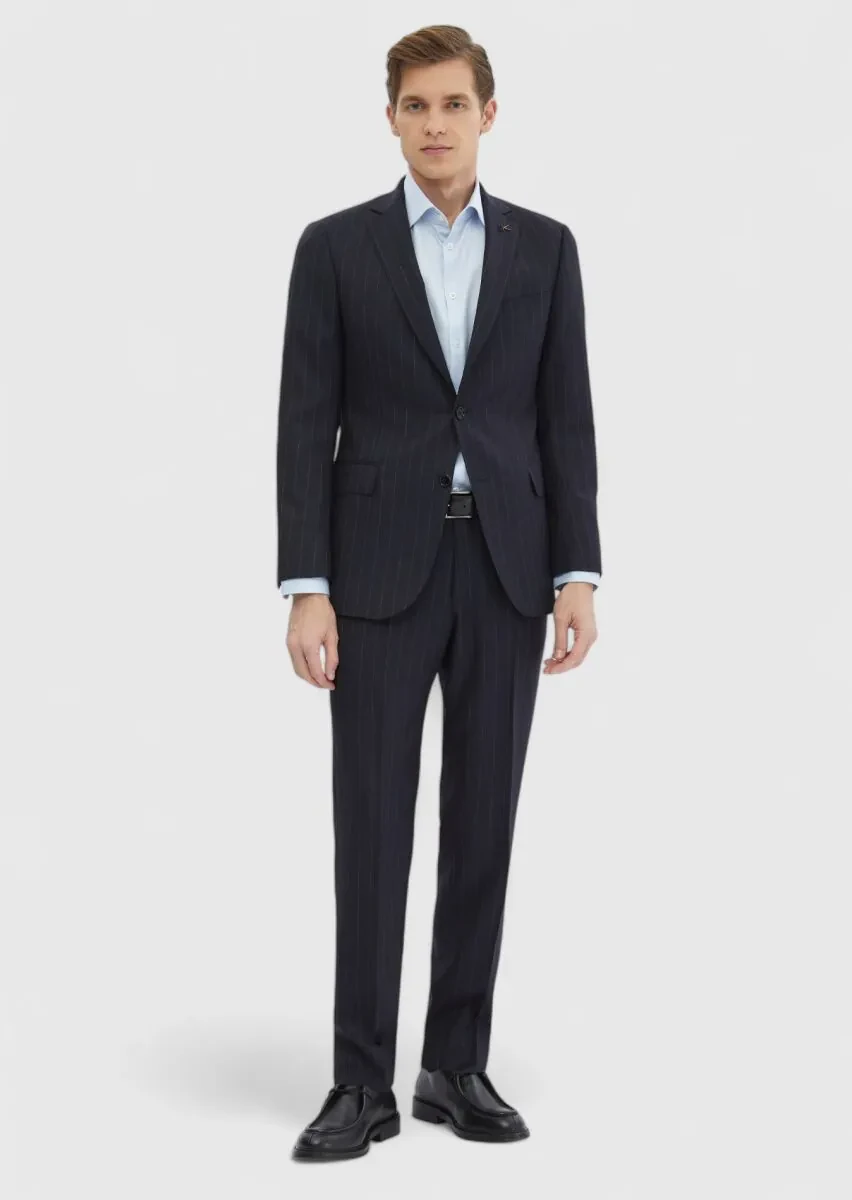 Navy Blue Striped Regular Fit 100% Wool Suit - 2