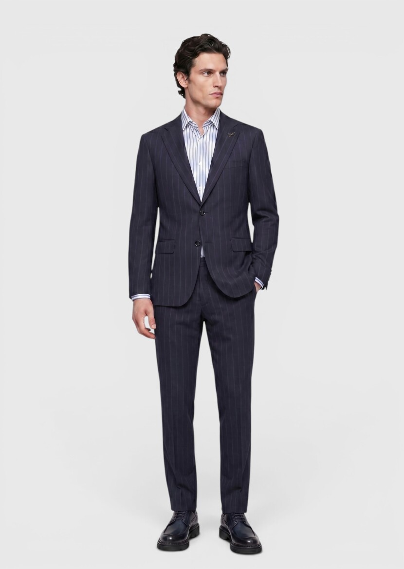 Navy Blue Striped Regular Fit 100% Wool Suit - RAMSEY