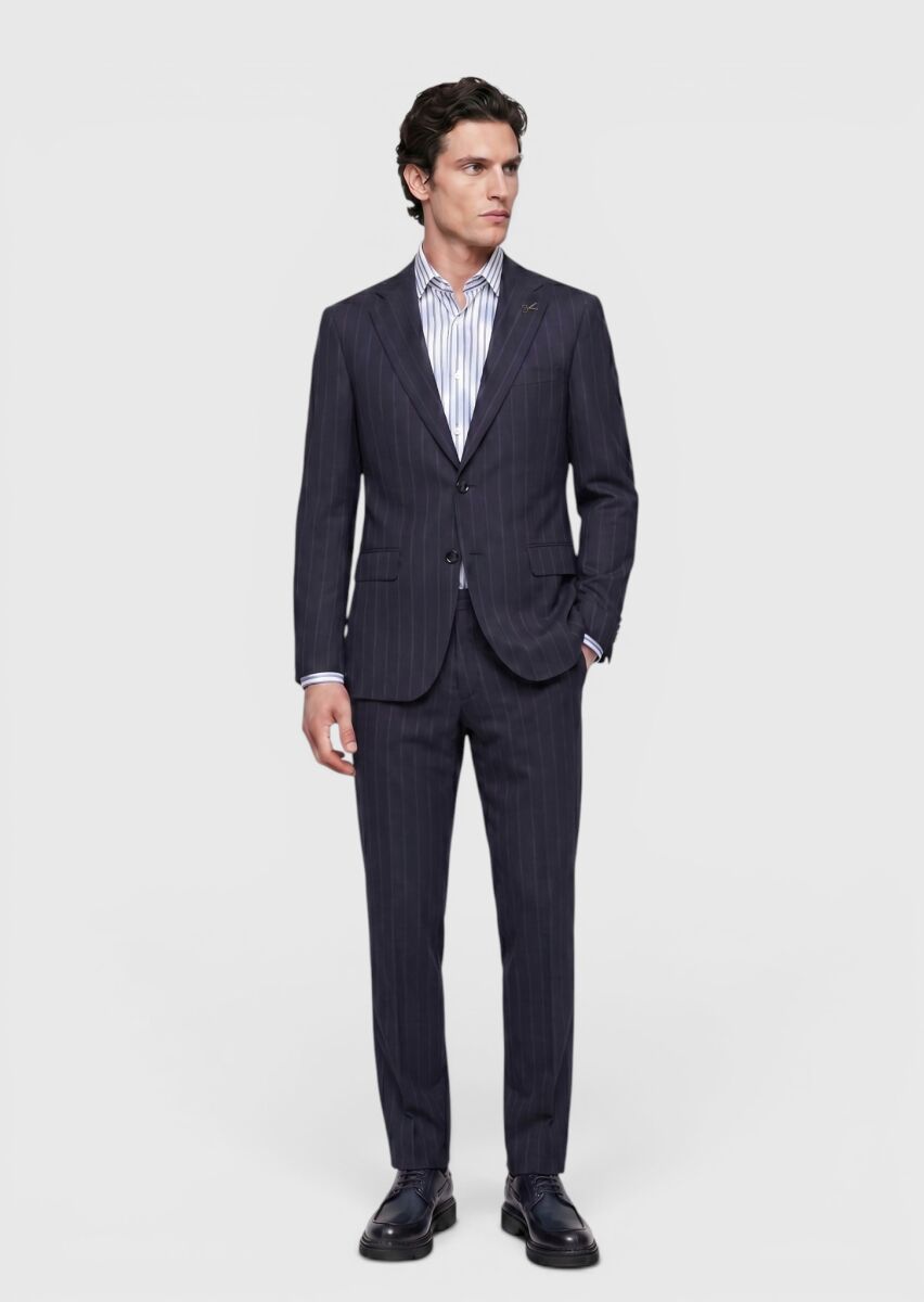 Navy Blue Striped Regular Fit 100% Wool Suit - 1