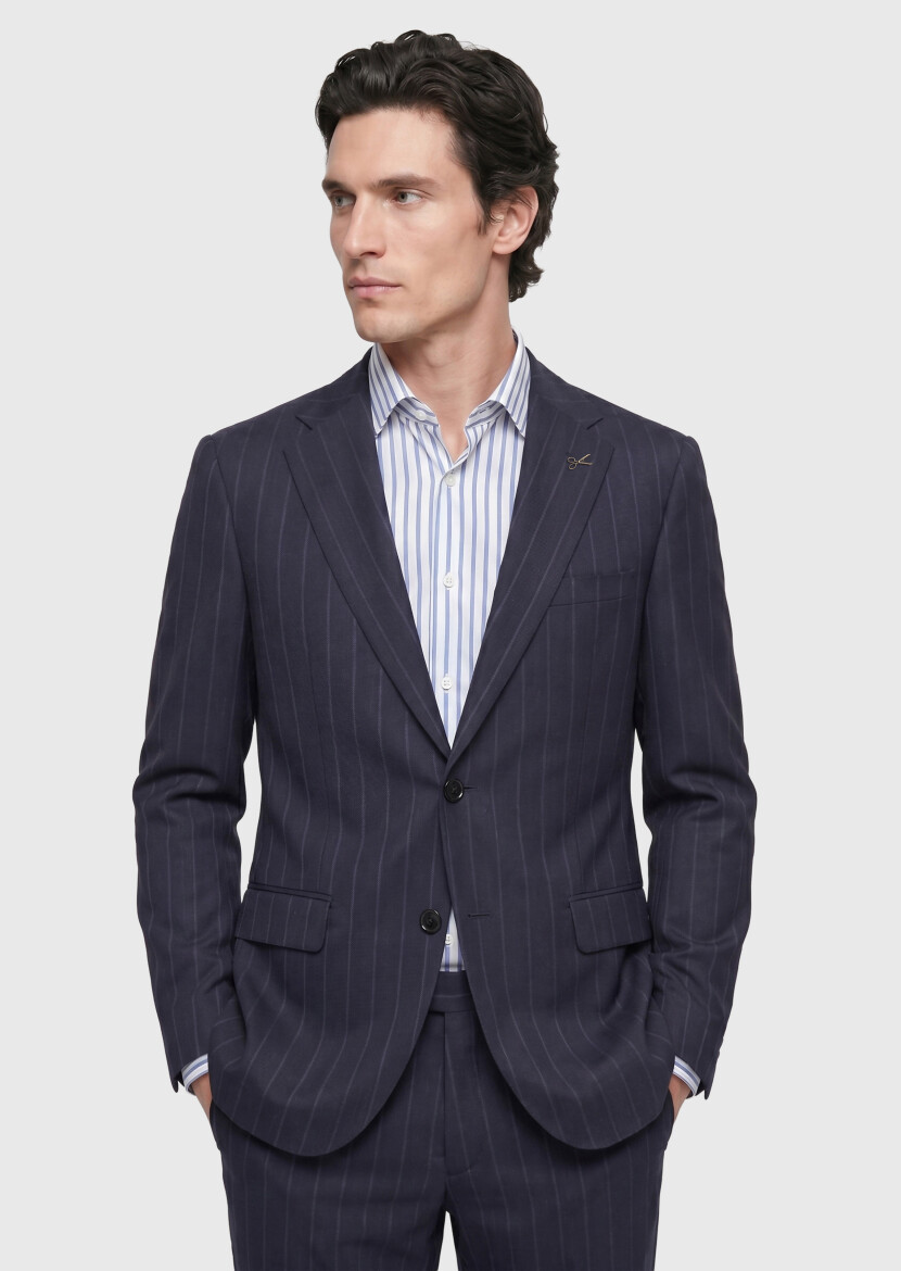 Navy Blue Striped Regular Fit 100% Wool Suit - RAMSEY