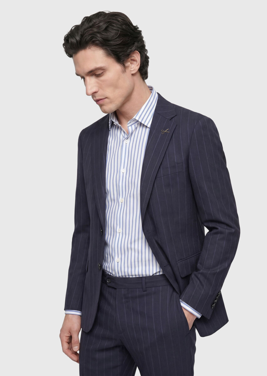 Navy Blue Striped Regular Fit 100% Wool Suit - 3