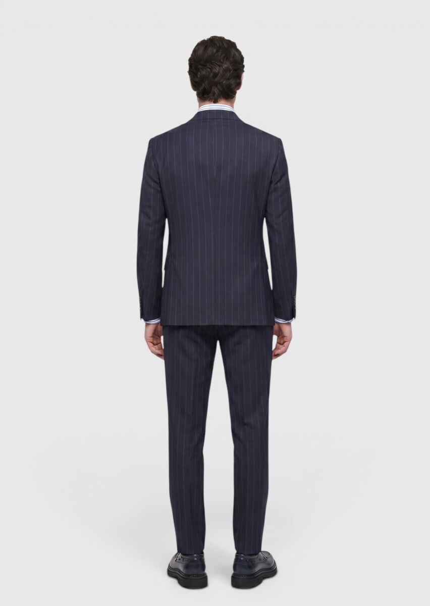 Navy Blue Striped Regular Fit 100% Wool Suit - 4