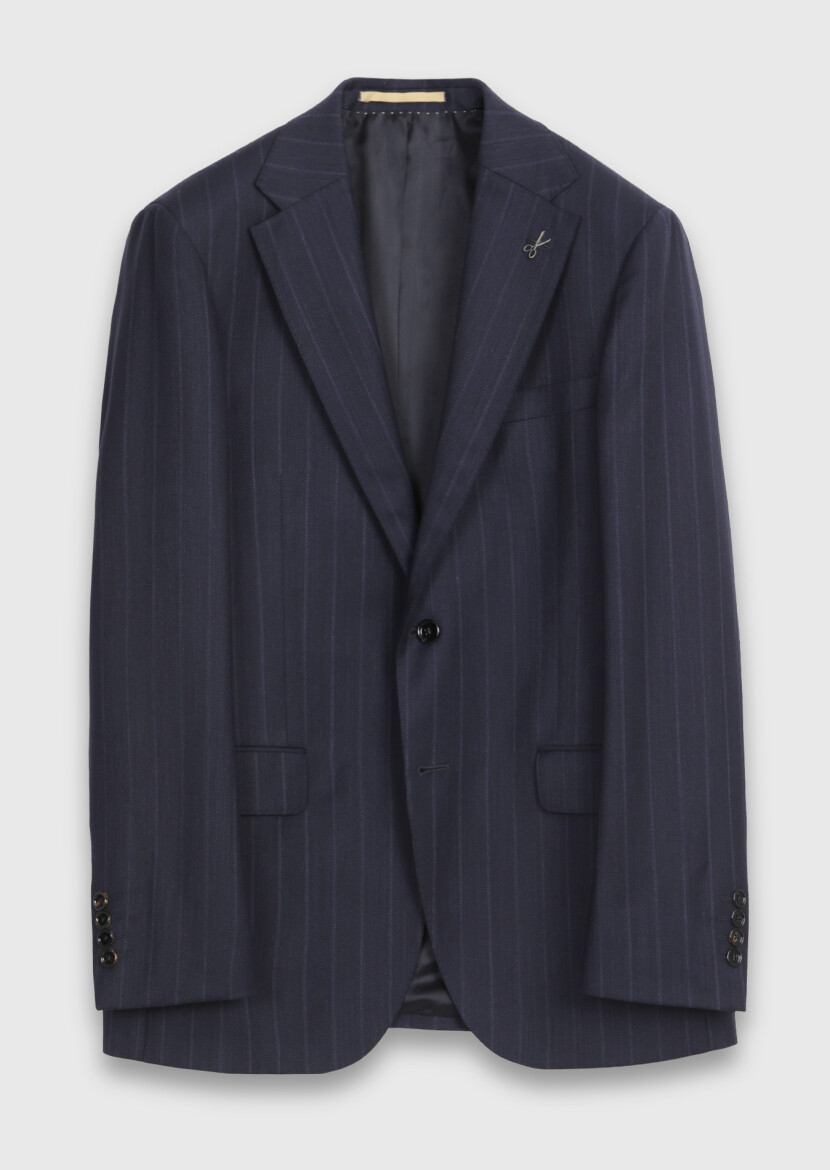 Navy Blue Striped Regular Fit 100% Wool Suit - 5