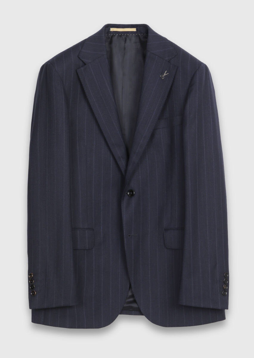 Navy Blue Striped Regular Fit 100% Wool Suit - 5
