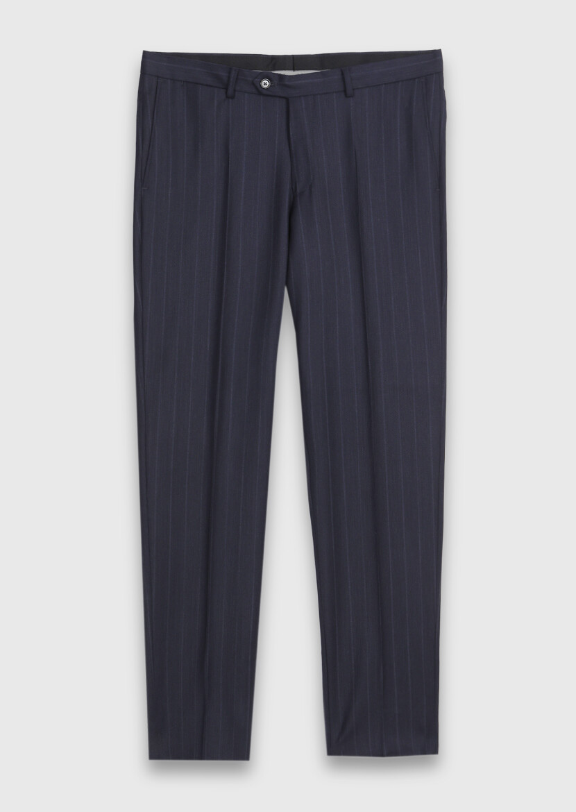 Navy Blue Striped Regular Fit 100% Wool Suit - 6
